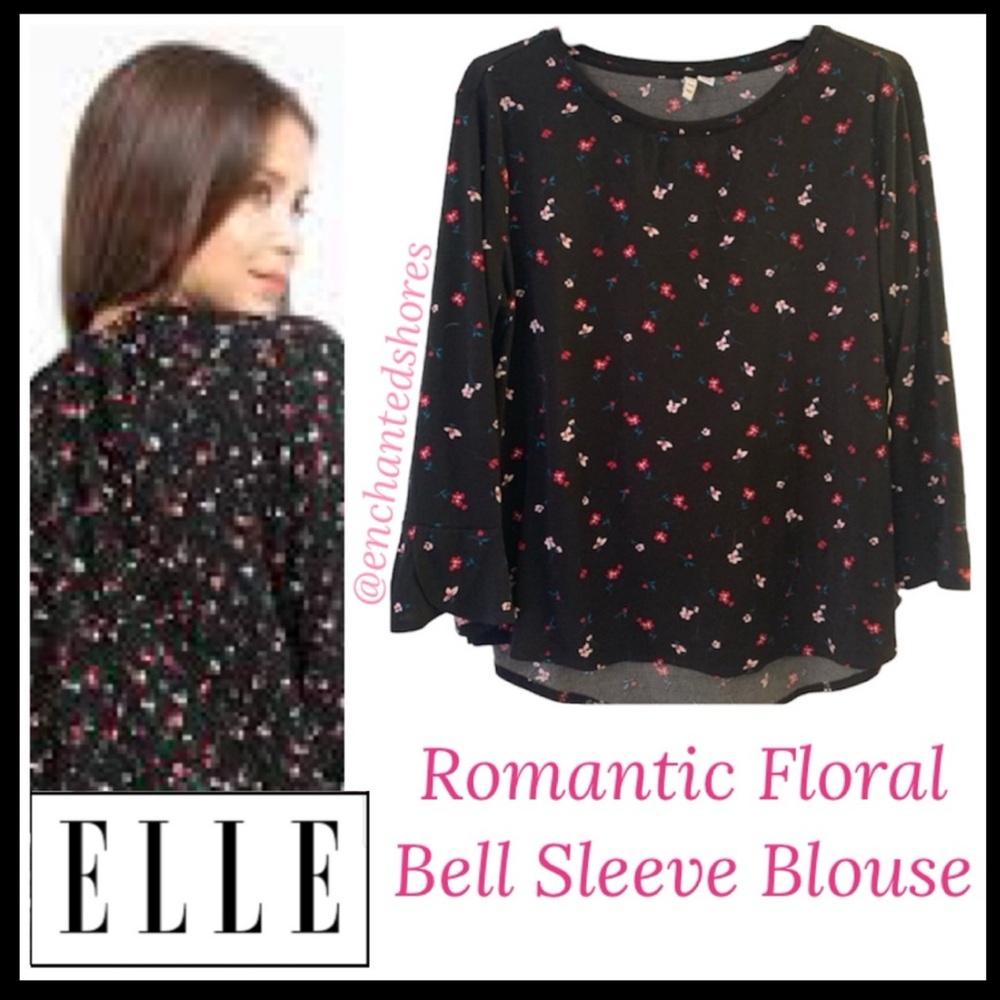 Floral Blouse Delicate Ditsy Pink Flower Ruffle Cuff Bell Sleeves Size Large